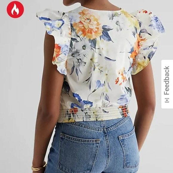 Express Floral V-Neck Flutter Sleeve Ruched Top Multi-Color For Women's Small - Picture 12 of 13